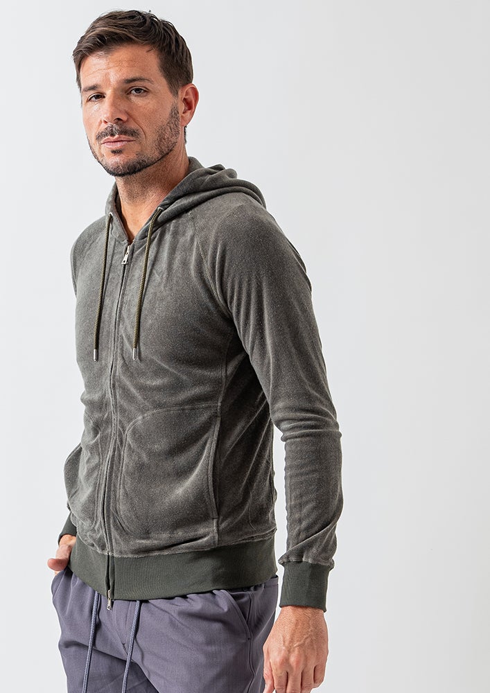 【美品】AKM J006 neck zip parka グレー(S) AKM】SILKY TENCEL PILE RAGLAN ZIP PARKA -KHAKI- | AKM