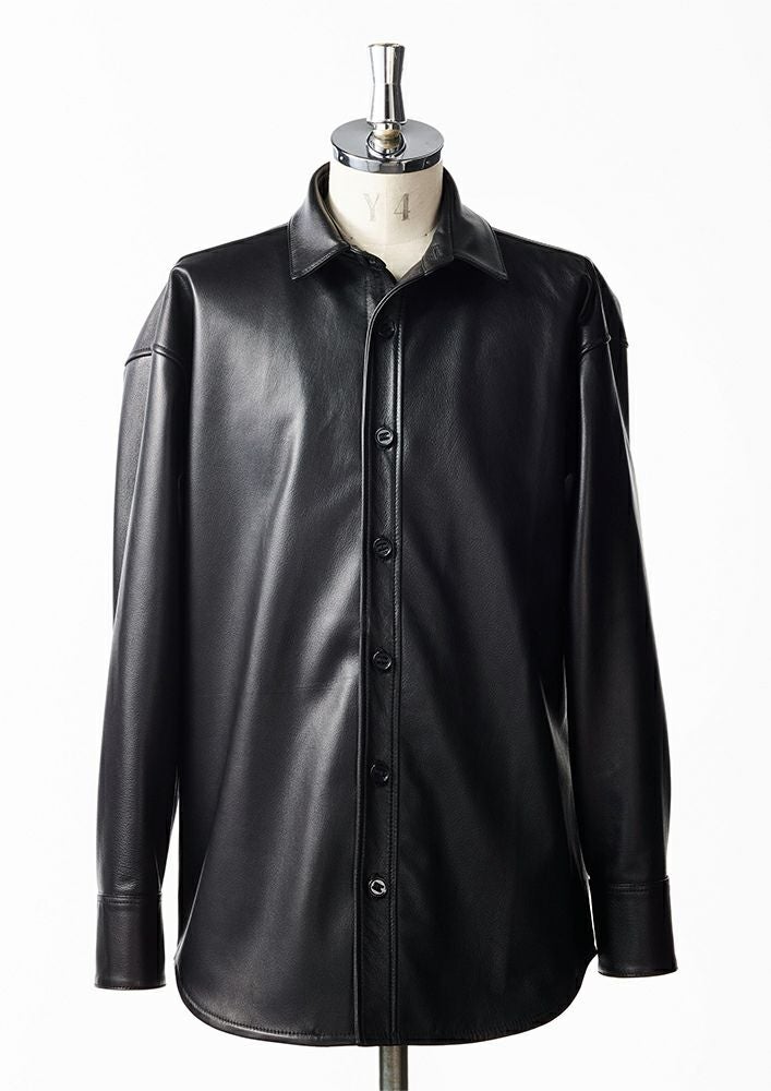 20SS AKM WRINKLE SHIRTS 羊革 シープレザーシャツ M AKM】SHRINK SHEEP DROP SHOULDER P-ARMY SHIRTS -BLACK-