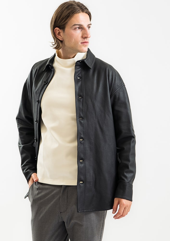 20SS AKM WRINKLE SHIRTS 羊革 シープレザーシャツ M AKM】SHRINK SHEEP DROP SHOULDER P-ARMY SHIRTS -BLACK-