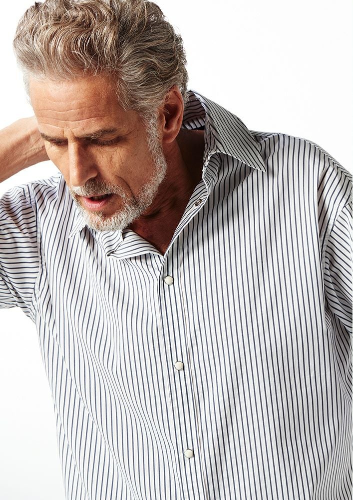 AKM】COTTON NYLON STRECH STRIPE DROP SHOULDER SHIRTS -WHITE/NAVY-