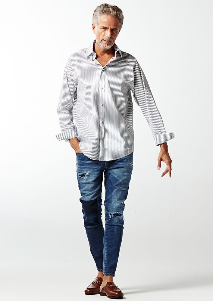 AKM】COTTON NYLON STRECH STRIPE DROP SHOULDER SHIRTS -WHITE/NAVY-