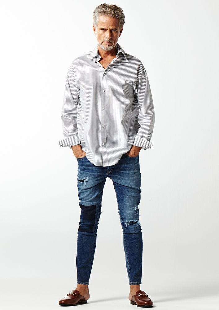 AKM】COTTON NYLON STRECH STRIPE DROP SHOULDER SHIRTS -WHITE/NAVY-