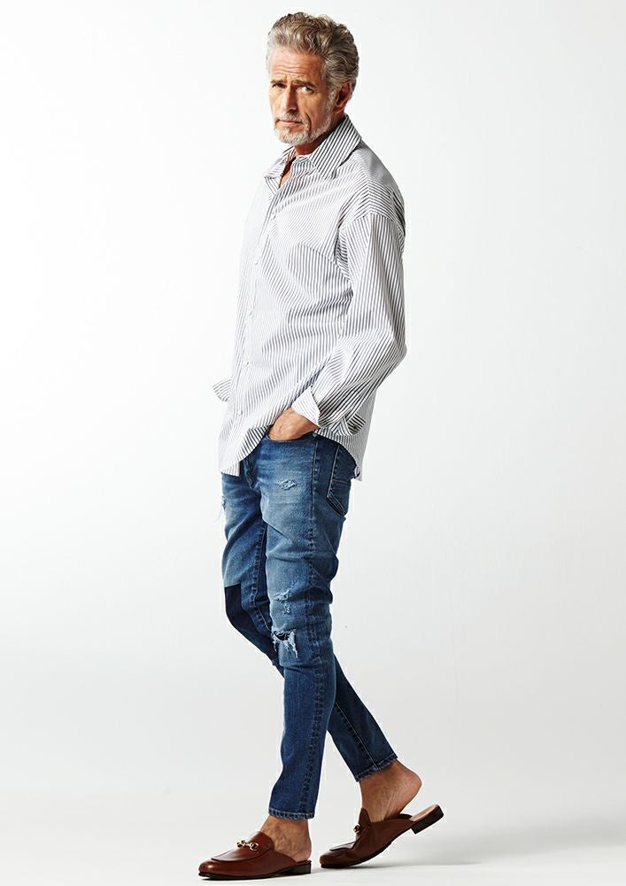 AKM】COTTON NYLON STRECH STRIPE DROP SHOULDER SHIRTS -WHITE/NAVY-