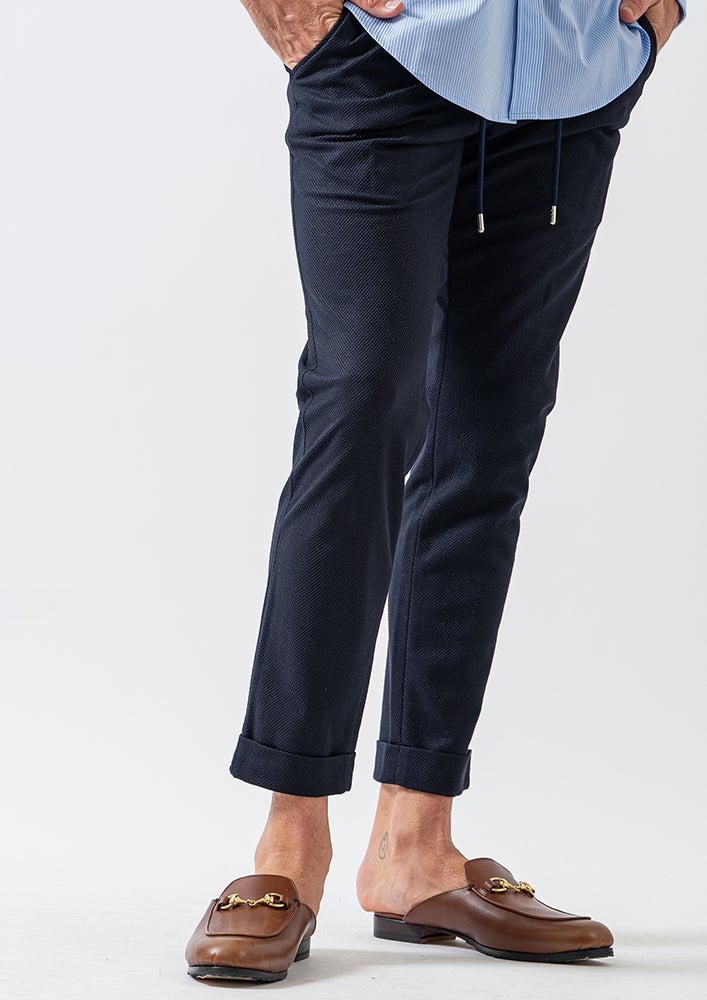 AKM】CALCULO BIRDS EYE JERSEY SWING EASY PANTS TURN-UP HEM -NAVY-