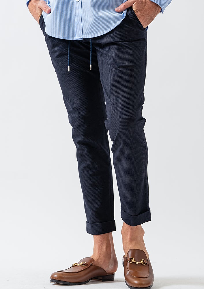 AKM】CALCULO BIRDS EYE JERSEY SWING EASY PANTS TURN-UP HEM -NAVY-