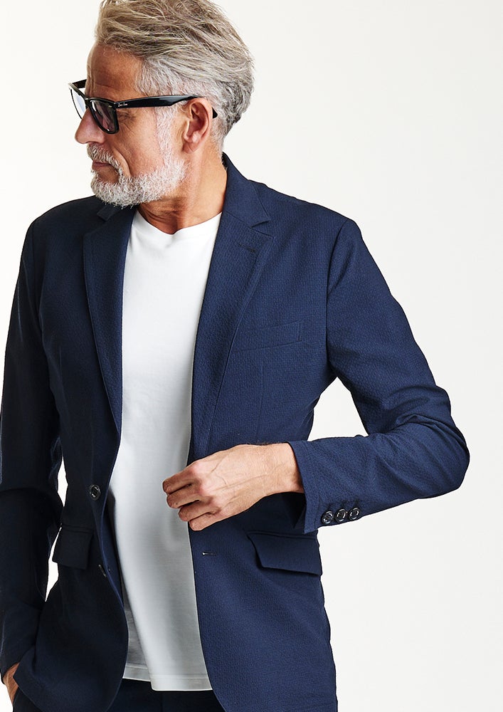 AKM】STRIPE SUCKER STRETCH SWING EASY JACKET -NAVY- | AKM