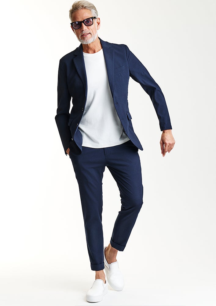 AKM】STRIPE SUCKER STRETCH SWING EASY JACKET -NAVY- | AKM