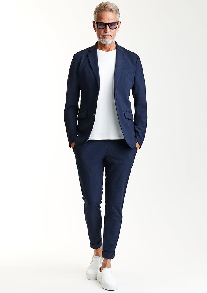 AKM】STRIPE SUCKER STRETCH SWING EASY JACKET -NAVY- | AKM