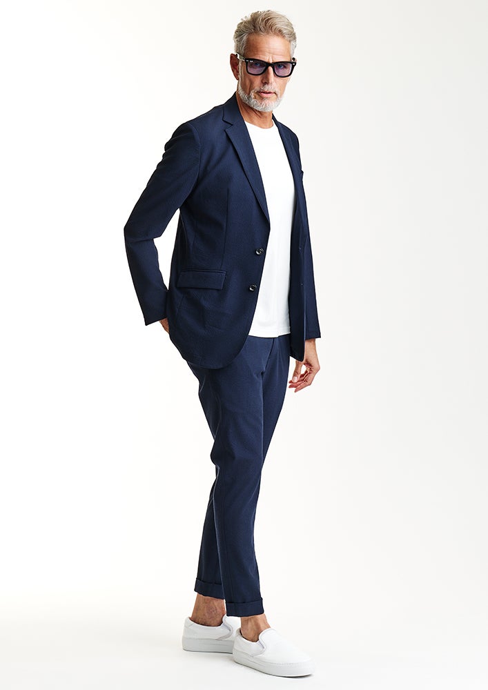 AKM】STRIPE SUCKER STRETCH SWING EASY JACKET -NAVY- | AKM