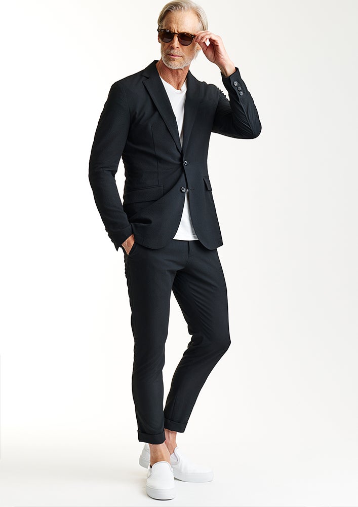 AKM】STRIPE SUCKER STRETCH SWING EASY JACKET -BLACK- | AKM