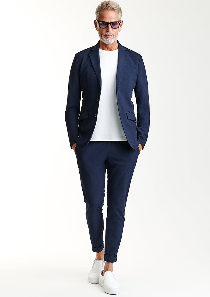 ぺぇご AKM】STRIPE SUCKER STRETCH SWING EASY PANTS - TURN-UP HEM -NAVY