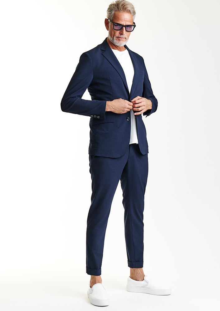 AKM ストライプデニムパンツ AKM】STRIPE SUCKER STRETCH SWING EASY PANTS - TURN-UP HEM -NAVY