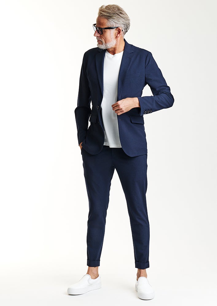 AKM】STRIPE SUCKER STRETCH SWING EASY PANTS - TURN-UP HEM -NAVY