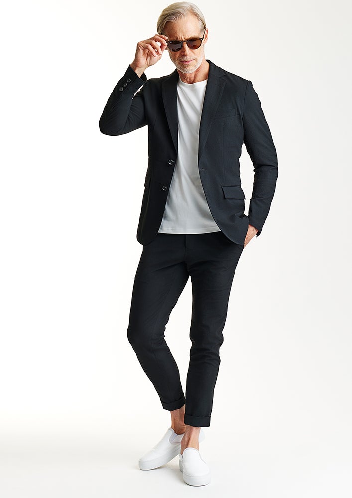 AKM】STRIPE SUCKER STRETCH SWING EASY PANTS - TURN-UP HEM -BLACK