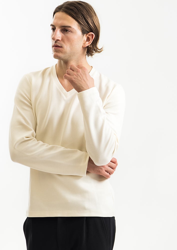 AKM】DUALWARM MOIST PONTI L/S V-NECK -WHITE- | AKM［エイケイエム